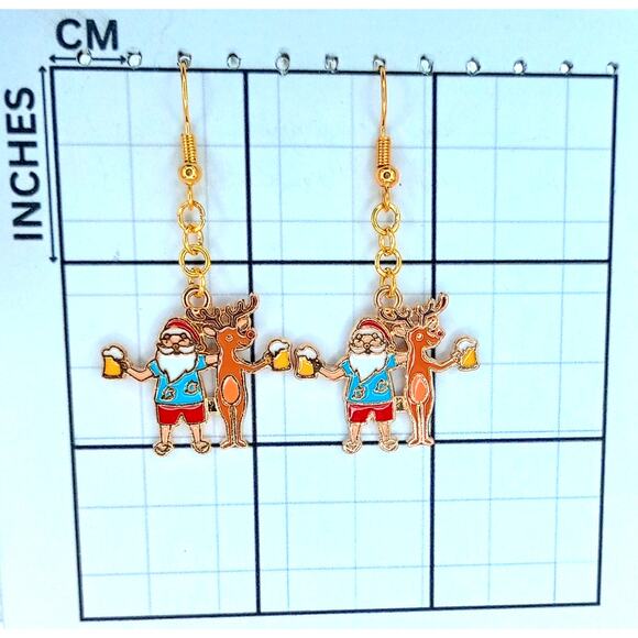 Santa and reindeer cheers dangle earrings holiday Christmas jewelry - Picture 3 of 5